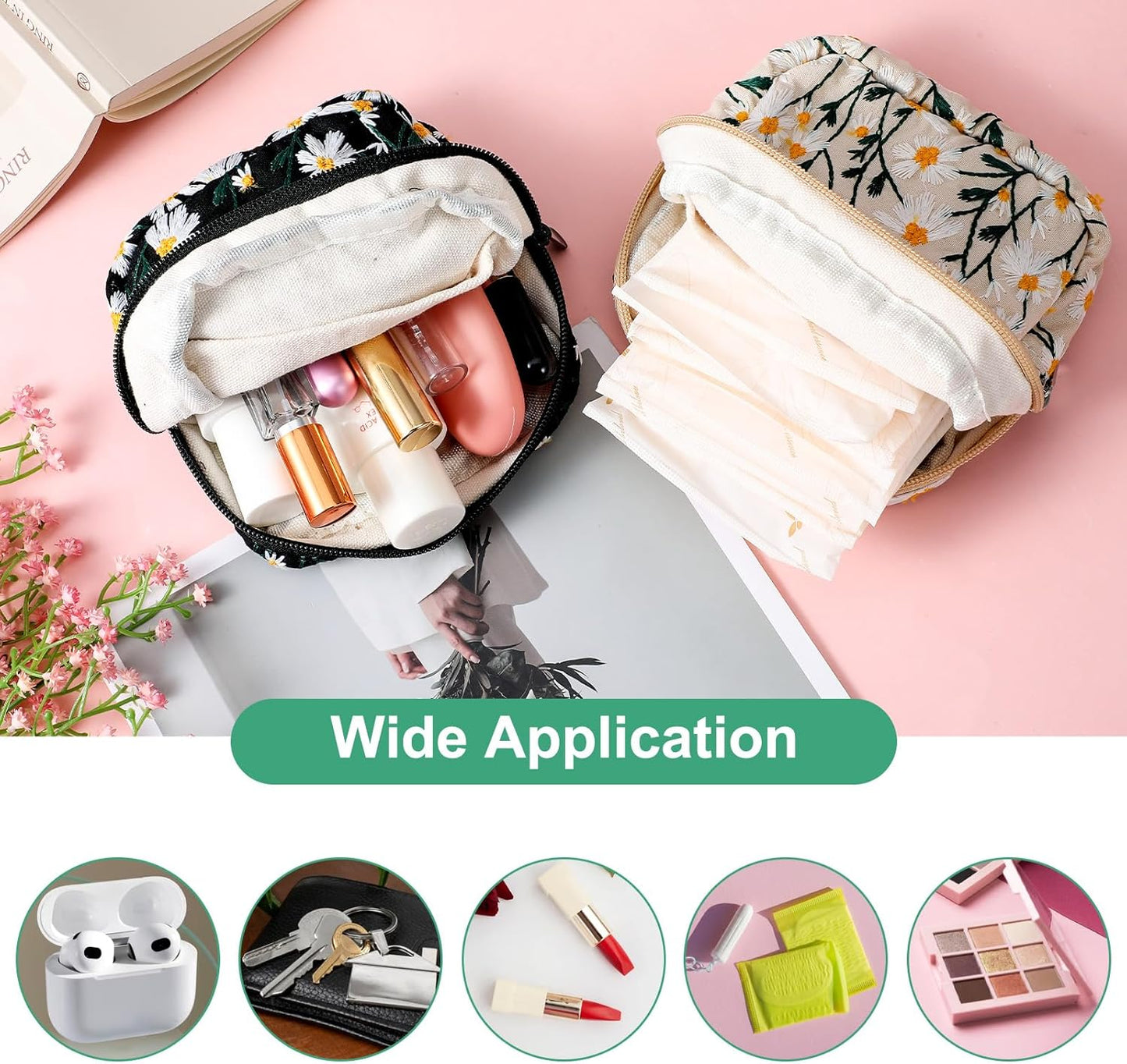 2 Pcs Sanitary Napkin Storage Bag, Daisy Embroidery Period Bag, Soft Tampon Holder, Portable Period Pouch First Period Kit for Women Teen Girls 9-12
