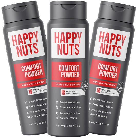 HAPPY NUTS Comfort Powder - Anti Chafing & Deodorant, Aluminum-Free, Sweat and Odor Control for Jock Itch, Groin and Men's Private Parts 6oz (6 Ounce (Pack of 3), Original)