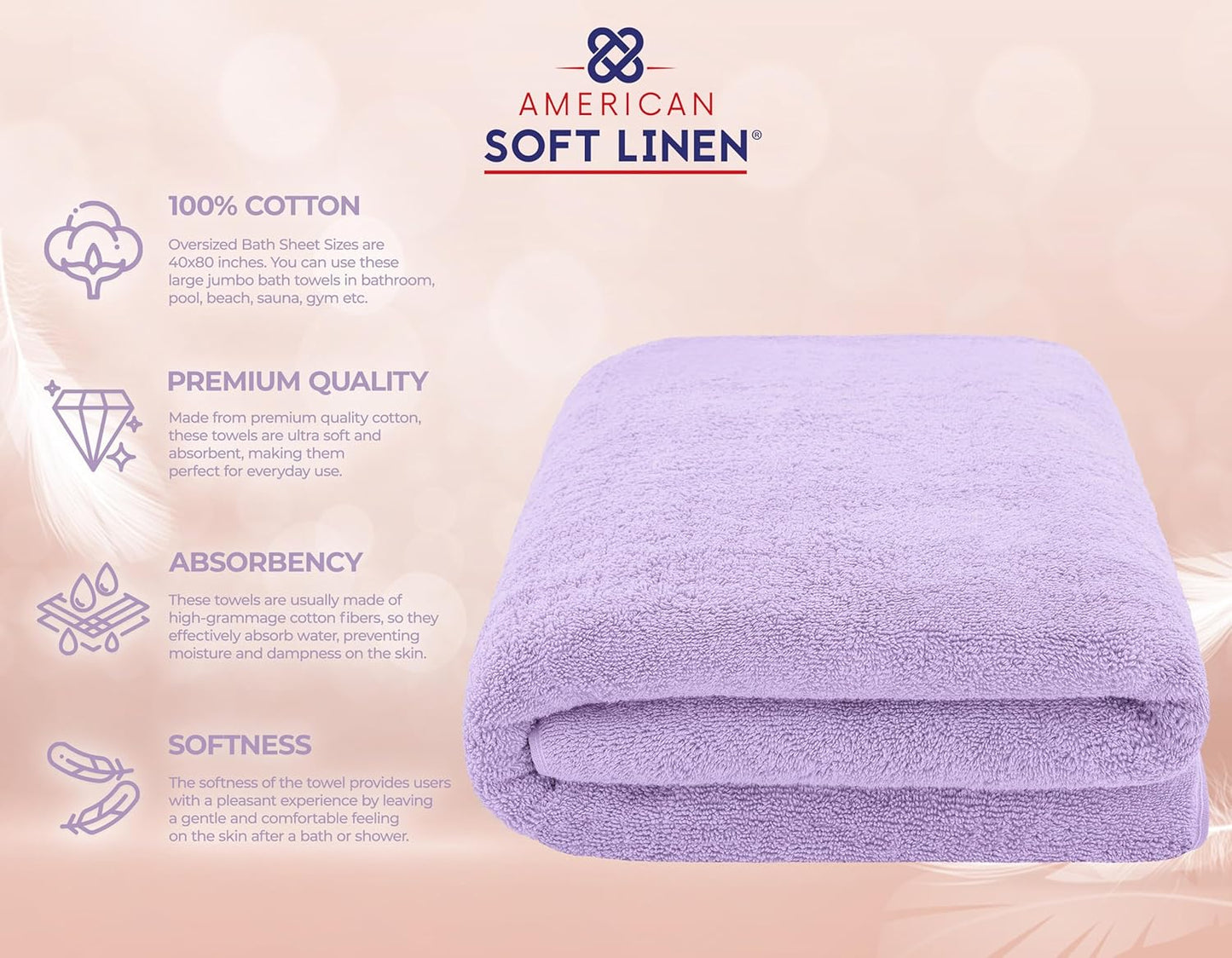 American Soft Linen Oversized Bath Sheet 40x80 Extra Large for Bathroom, 600 GSM 100% Cotton Turkish Jumbo Bathsheet Towels for Adults, Lilac Bath Sheet