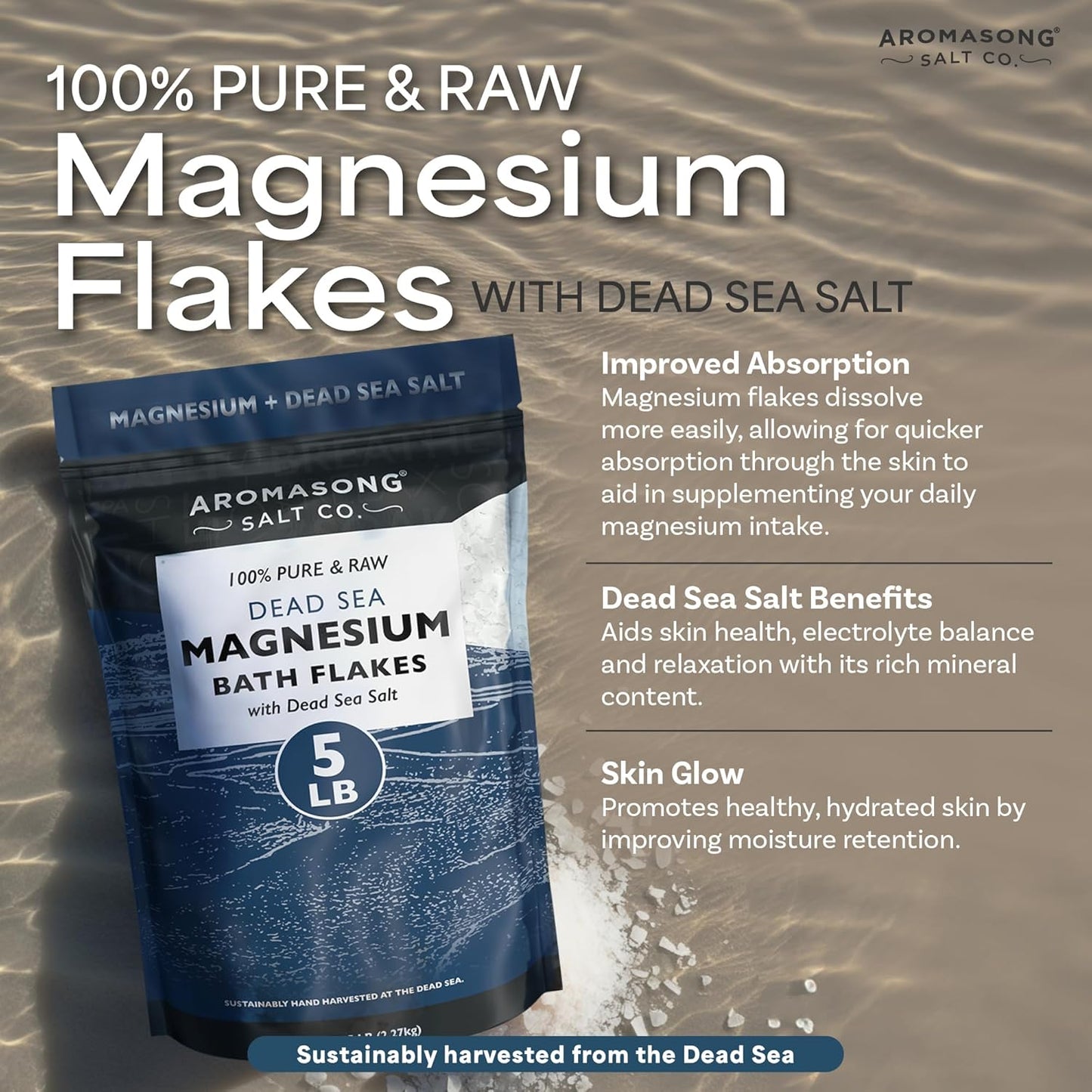 Aromasong Raw Magnesium Flakes for Bath + Dead Sea Salt for Soaking - 5 Lb Resealable Pack Magnesium Chloride Flakes - Organic Bath Salt Relaxing Mineral Soak (Packaging May Vary)