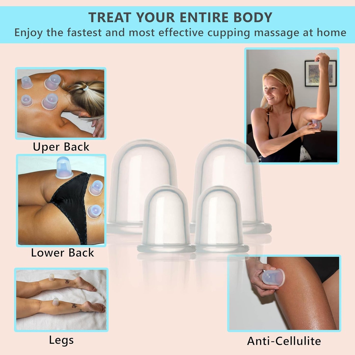 Cupping Kit for Massage Therapy - by DoSensePro - Silicone Cupping Therapy Set of 4 for Athletes - Pain Relief and Muscle Massager (2 XL 2 L)