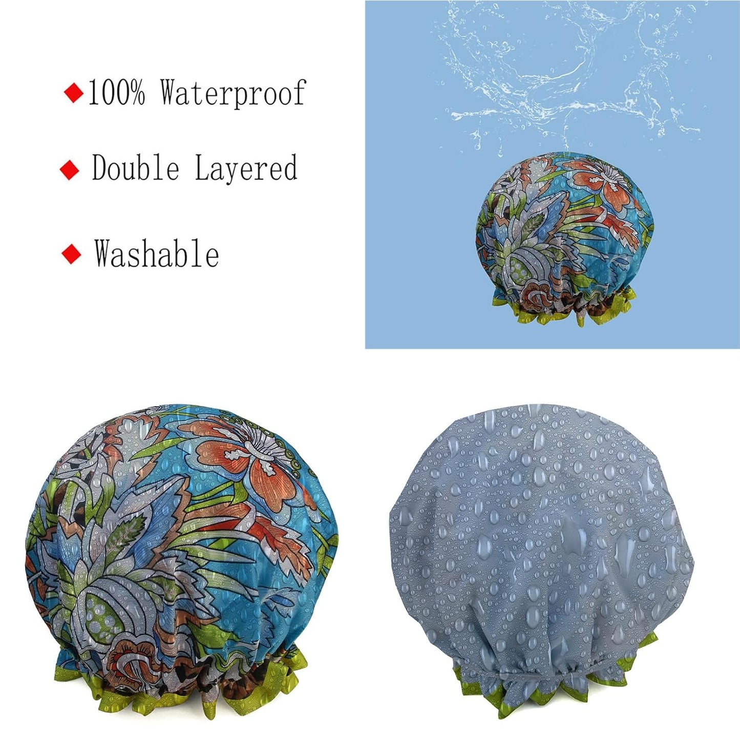 Shower Cap for Women Reusable Waterproof Shower Hat Adjustable Double Layer Bath Caps for Girls Spa Home Use,Hotel and Hair Salon