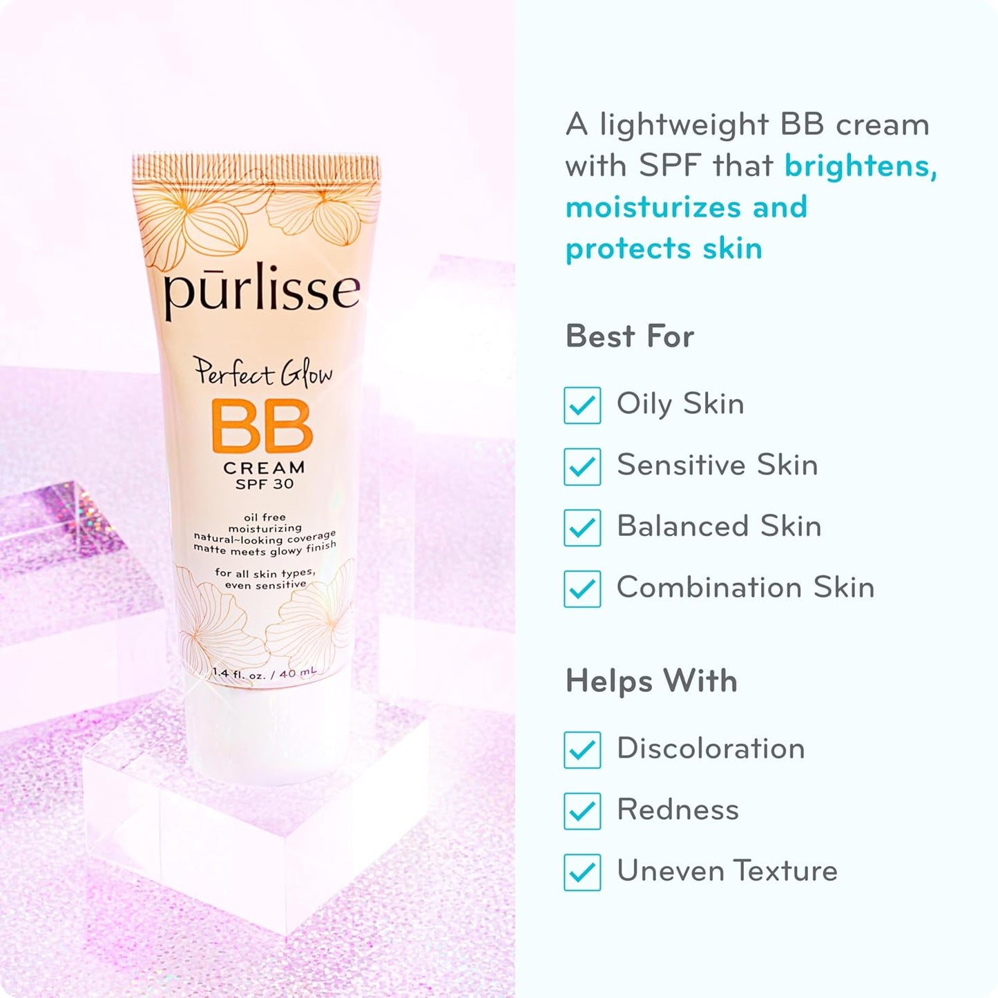 pūrlisse Perfect Glow BB Cream with SPF 30 - Matte Meets Dewy Finish - Enriched with Goji & Hawthorn Berry to Help Improve Skin Texture & Radiance - Light (1.4 oz)