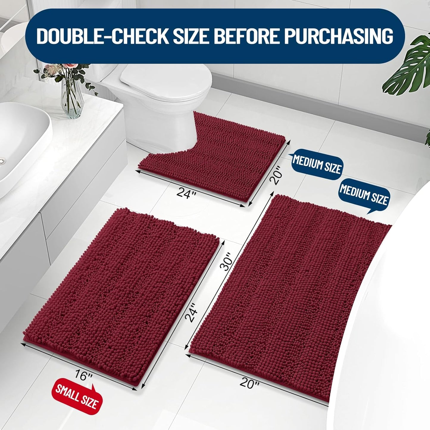 Grandaily Chenille Striped Bathroom Rugs 24x16, Extra Thick and Absorbent Bath Mats, Non-Slip Soft Plush Shaggy Shower Carpet, Machine Wash Dry, Bath Rug for Bathroom, (Small, Burgundy)