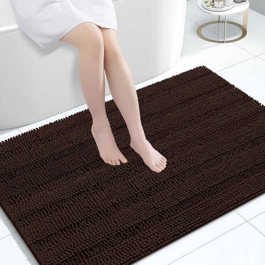 Grandaily Chenille Striped Bathroom Rugs 47x32, Extra Thick and Absorbent Bath Mats, Non-Slip Soft Plush Shaggy Shower Carpet, Machine Wash Dry, Bath Rug for Bathroom, Brown