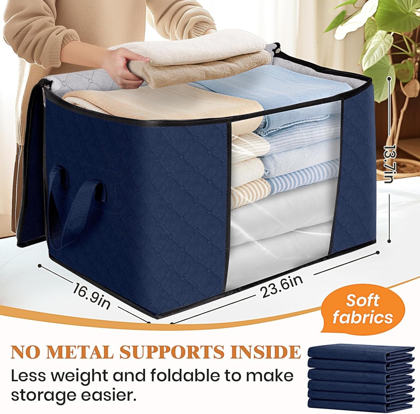 Fab totes 24 Gallons Clothes Storage, Foldable Thick Fabric Blanket Storage Bags, Containers for Organizing Bedroom, Closet, Clothing, Comforter, Organization with Handle (10 Pack,Blue)