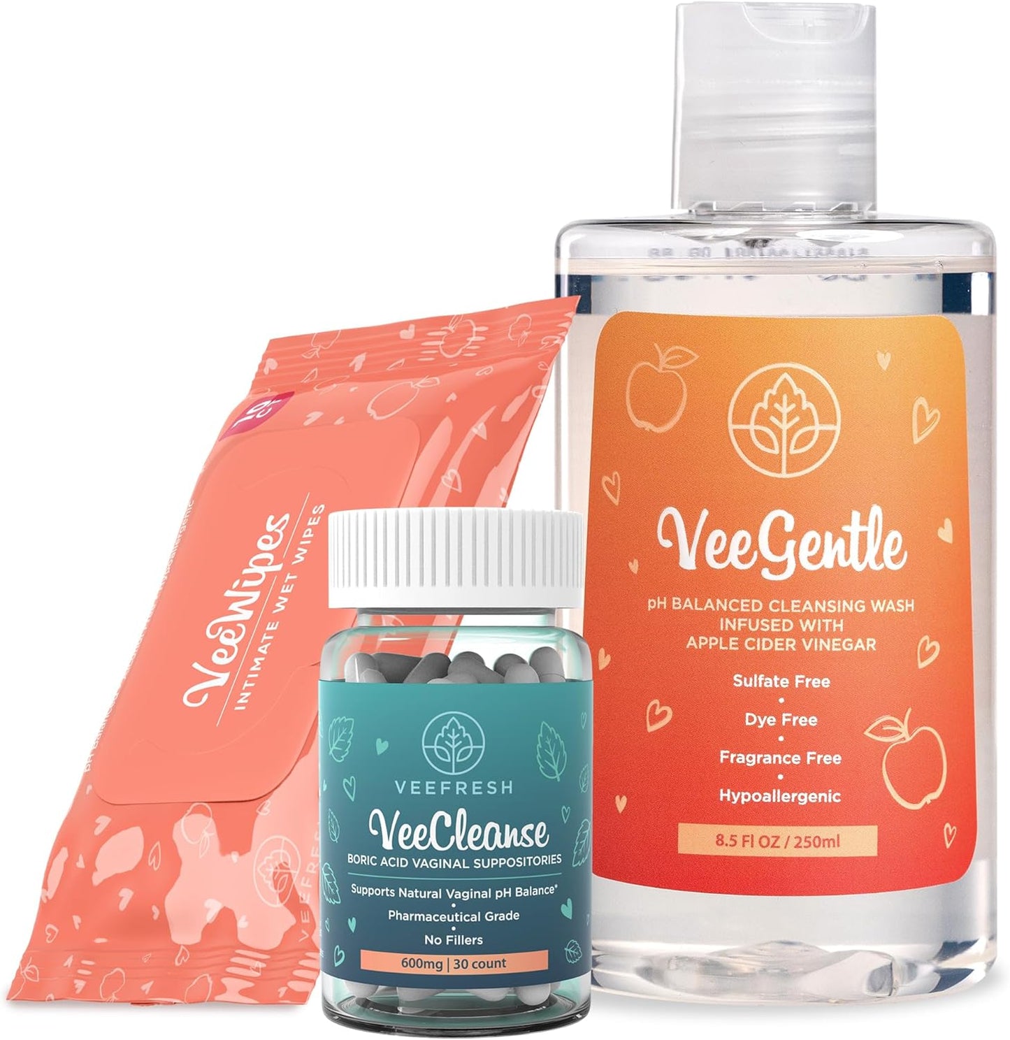 VeeFresh - VeePower Feminine Care Bundle of 3 - VeeCleanse Boric Acid Suppositories, VeeGentle Feminine Wash for Women and VeeWipes Gentle Vaginal Wipes for Optimal Vaginal pH Balance and Odor Control