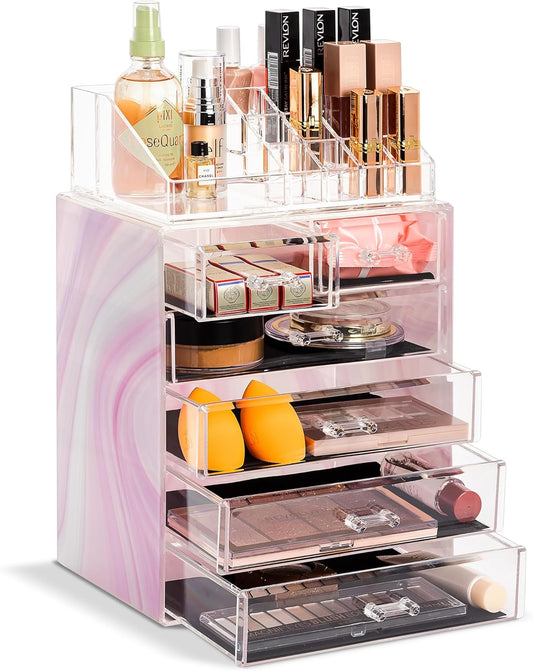 Sorbus Clear Cosmetic Makeup Organizer - Make Up & Jewelry Storage, Case & Display - Spacious Design - Great for Dresser, Bathroom, Vanity & Countertop (4 Large, 2 Small Drawers) [Tie Dye Print]
