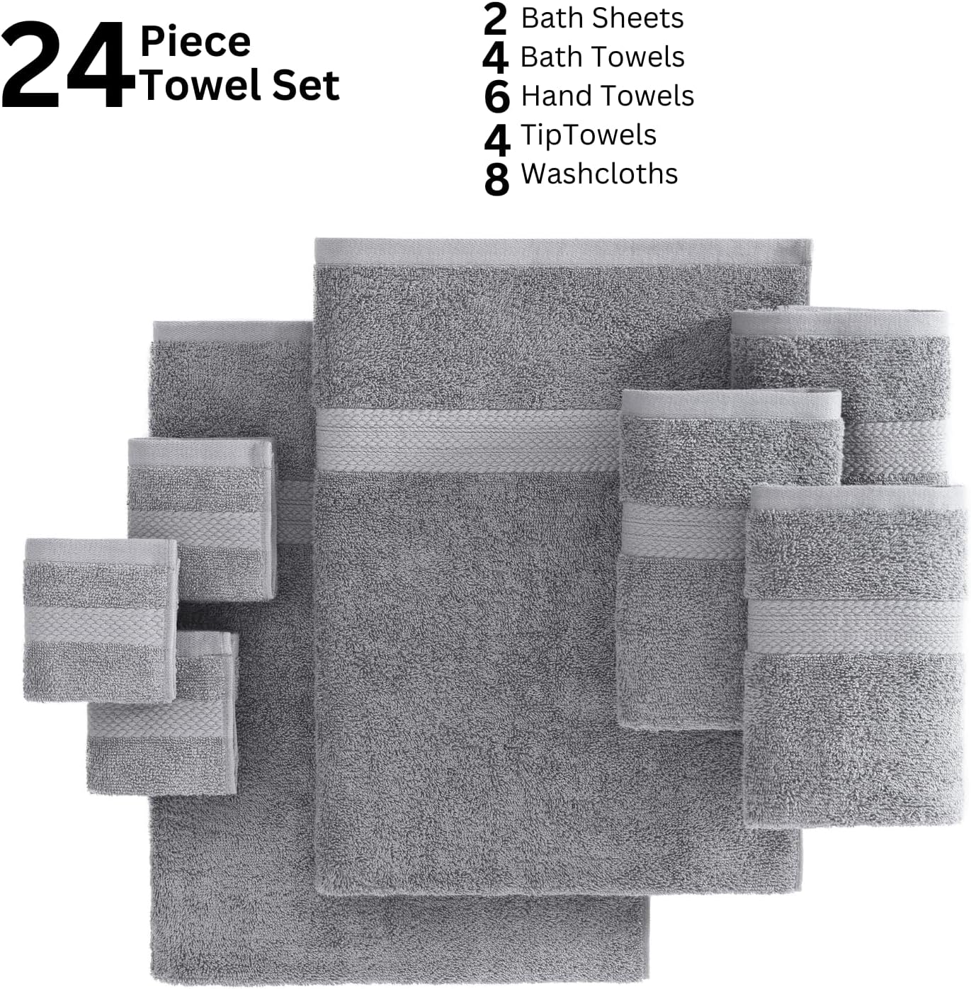 Lane Linen 100% Cotton 24 Pc Bathroom Towel Set - Ring Spun, Quick Dry, Soft & Absorbent - 2 Bath Sheets, 4 Fingertip Towels, 4 Bath, 6 Hand Towels, 8 Washcloths - Hotel Quality Towel Set - Space Grey