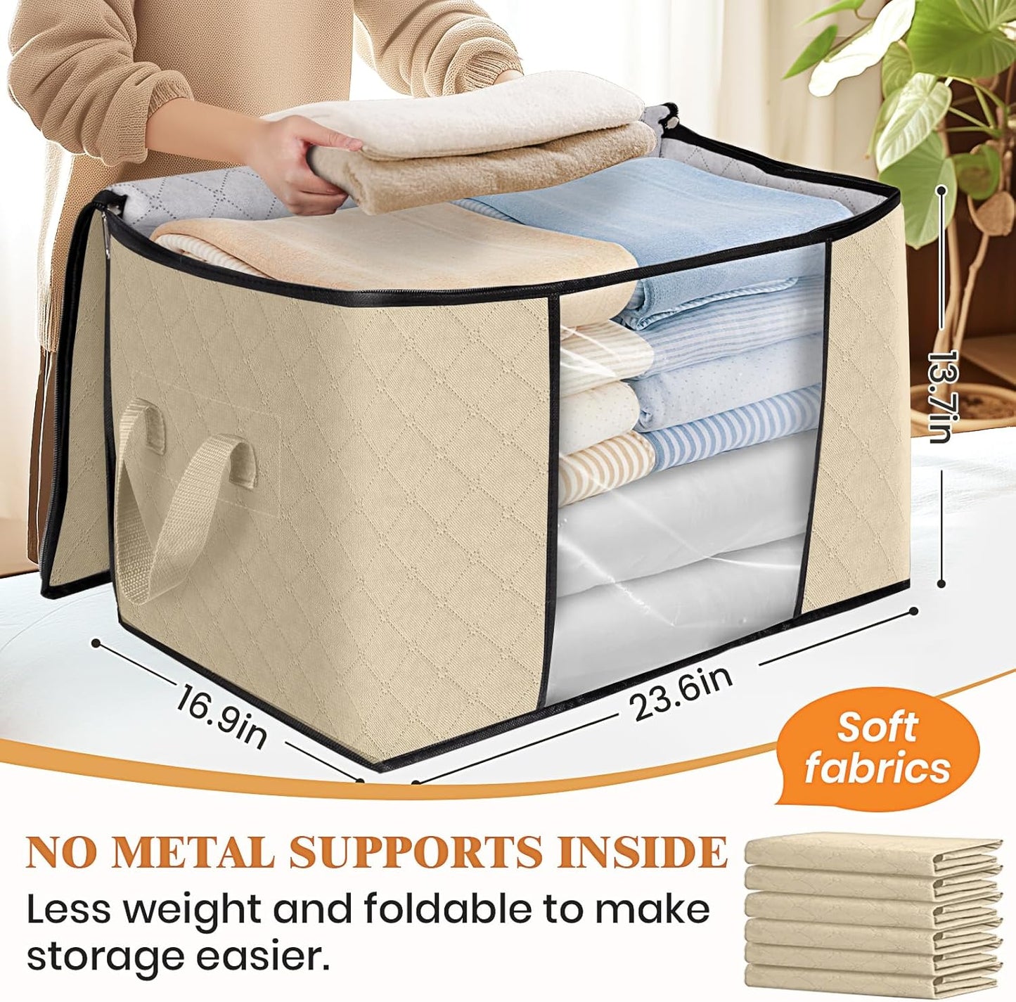 Fab totes 24 Gallons Clothes Storage, Foldable Thick Fabric Blanket Storage Bags, Containers for Organizing Bedroom, Closet, Clothing, Comforter, Organization with Handle (4 Pack,Beige)