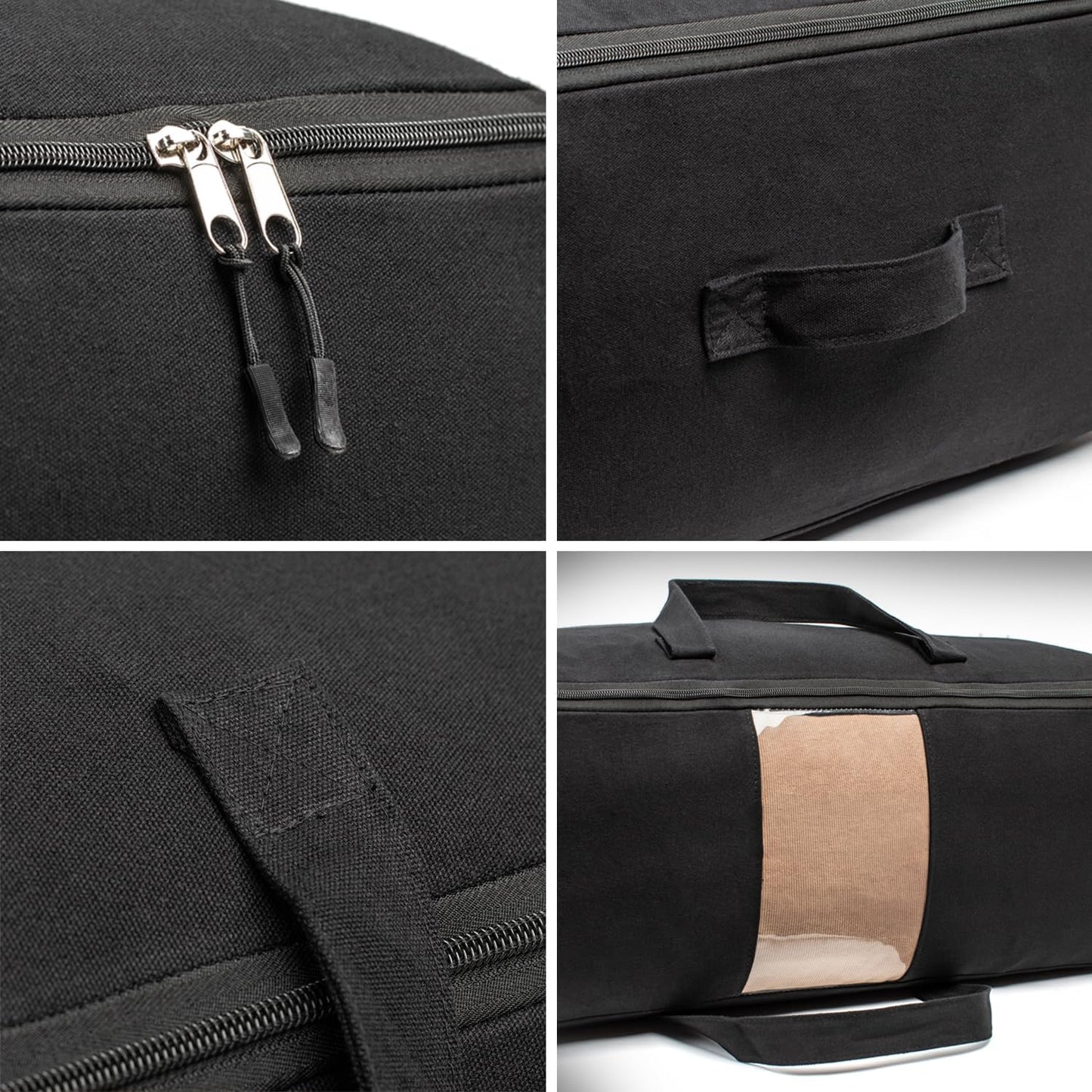 Soft Canvas Storage Bags with Zipper. Thick Breathable, 1pc King/Queen Comforter Organizer. Four Carrying Handles and Window. Large 25x19x9in Bag for Sheets Blankets Bedding Pillows, Clothes (Black)