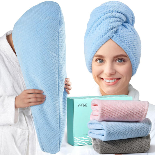 YFONG 3 Pack Large Microfiber Hair Towel Wrap, 30" x 10" Thicker Anti Frizz Quick Dry Hair Towels for Women Long, Curly, Thick Hair, Super Absorbent Hair Turban for Wet Hair (Grey, Pink, Blue)