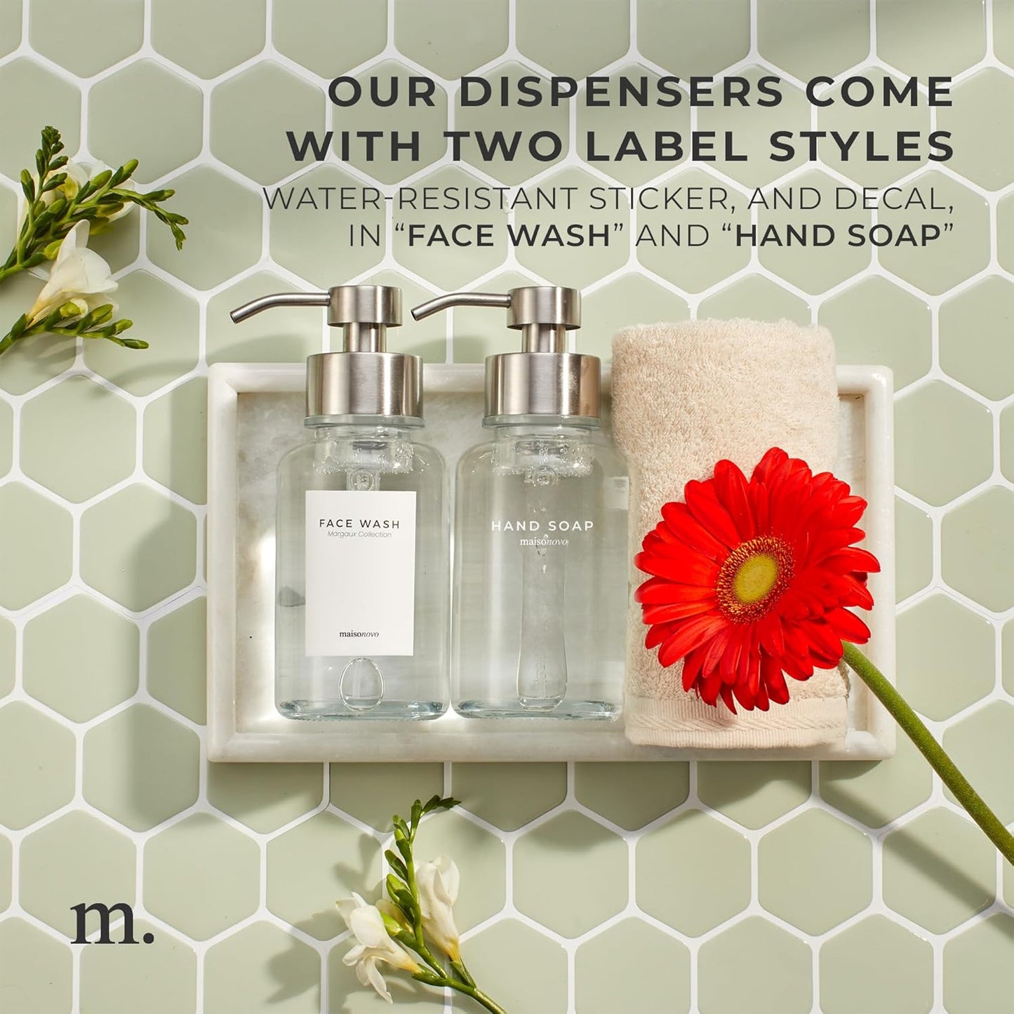 MaisoNovo Glass Foaming Hand Soap Dispenser 14 Oz | Clear Foaming Soap Dispenser Clear Bottle Silver Pump x 1 w/Labels