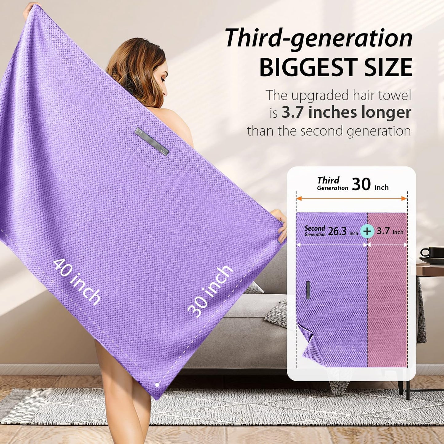 YFONG X-Large Hair Towel Wrap for Women, Super Absorbent Microfiber Hair Towel for Curly Hair, Fast Drying Hair Turbans with Elastic,Hair Drying Towel Wrap for Hair Care 30" X 40" (Purple)