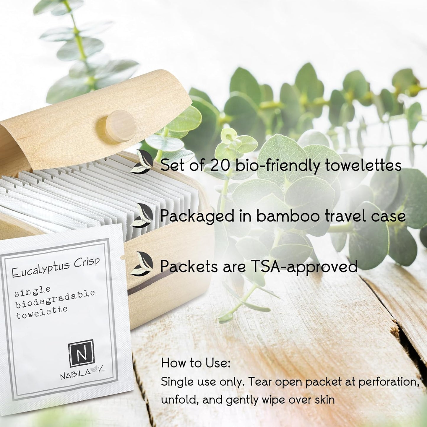 Eucalyptus Crisp Scented Moist Towelettes Single Use by Nabila K - Alcohol-Free, Plant-Based with Natural Ingredients - Individually Wrapped Disposable Travel Size Wipes with Bamboo Case - 20 Count