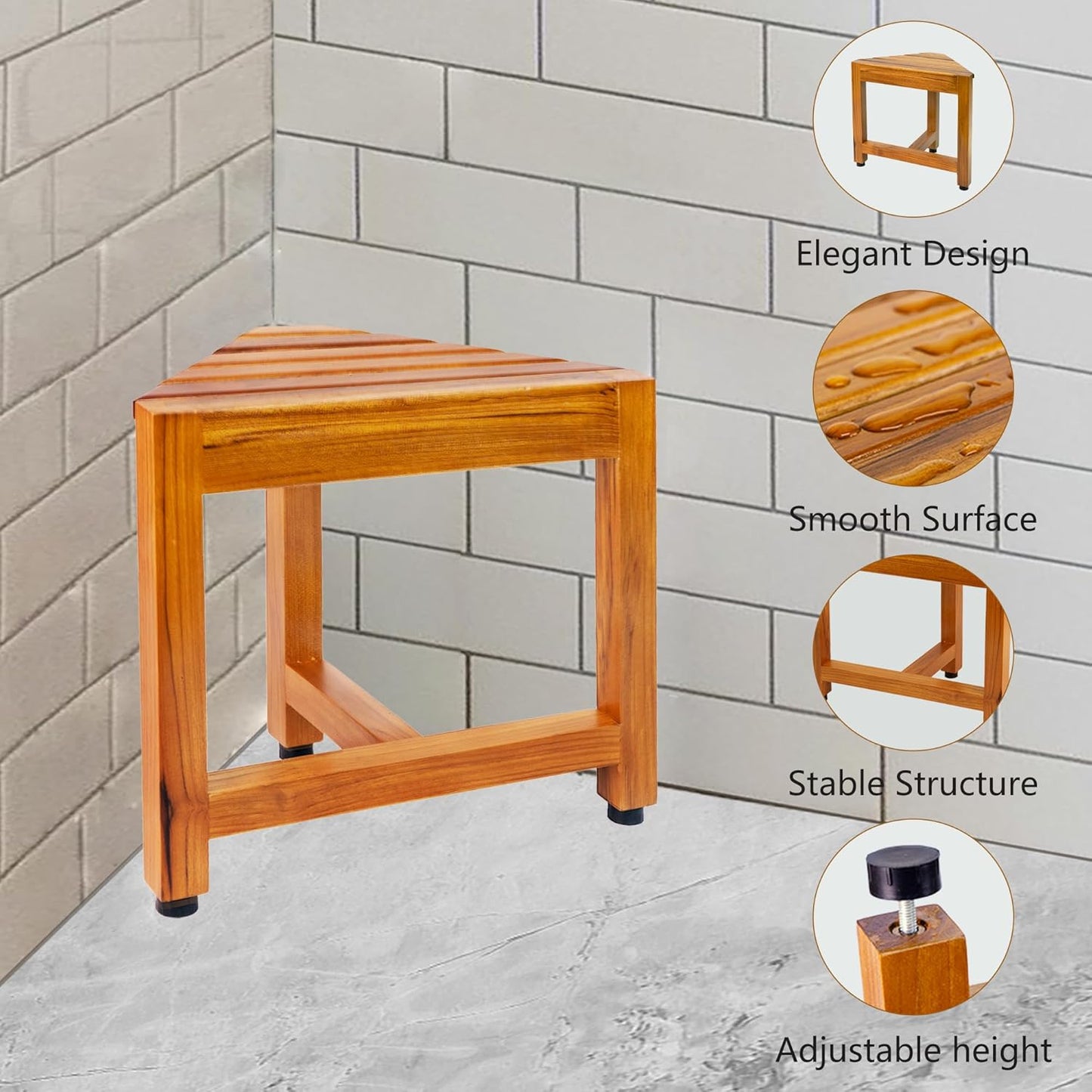 VaeFae Teak Shower Corner Bench, Wooden Foot Rest, Shower Bench for Shaving, Corner Shower Stool for Inside Shower, Bathroom