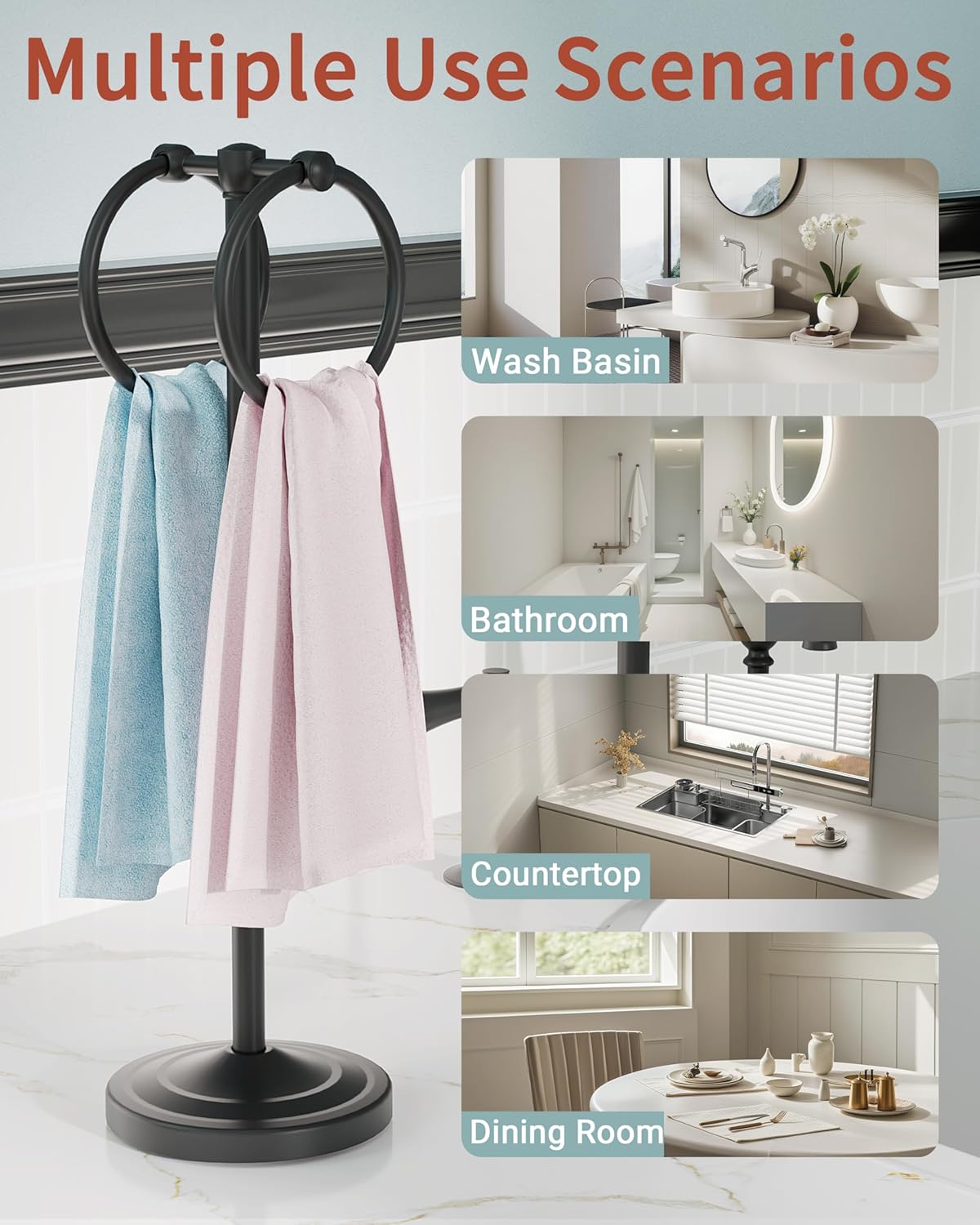 Hand Towel Holder Stand, SUS304 Stainless Steel Weighted Hand Towel Stand for Bathroom Kitchen Countertop Towel Stand with Double Stand Hand Towel Ring Total Height 18"(Matte Black)