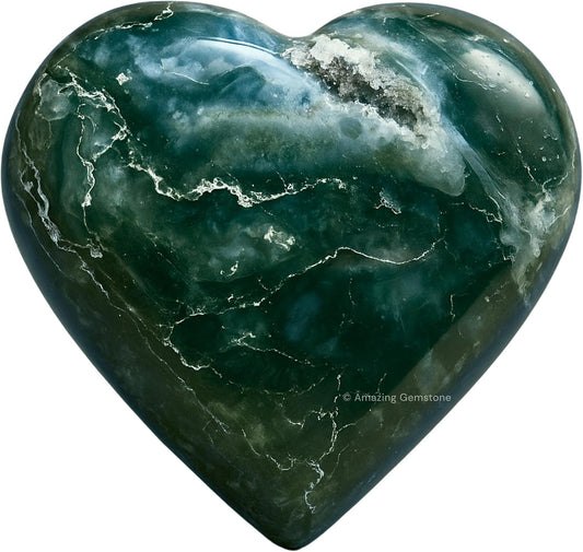 Moss Agate Crystal Heart Palm Stone - Pocket Massage Worry Stone for Natural Body Chakra Balancing, Reiki Healing and Crystal Grid