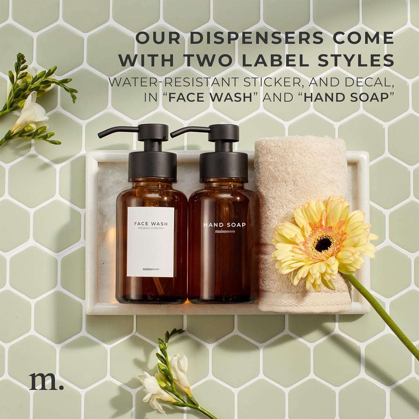 MaisoNovo Glass Foaming Hand Soap Dispenser 14 Oz | Amber Foaming Soap Dispenser Black Pump x 1 w/Labels