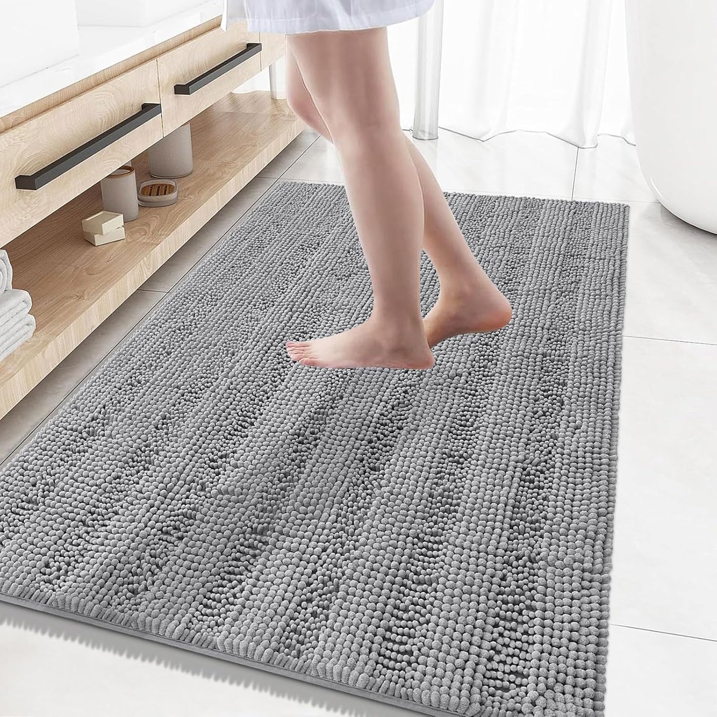 Grandaily Chenille Striped Bathroom Rugs 59x35, Extra Thick and Absorbent Bath Mats, Non-Slip Soft Plush Shaggy Shower Carpet, Machine Wash Dry, Bath Rug for Bathroom, Dark Gray