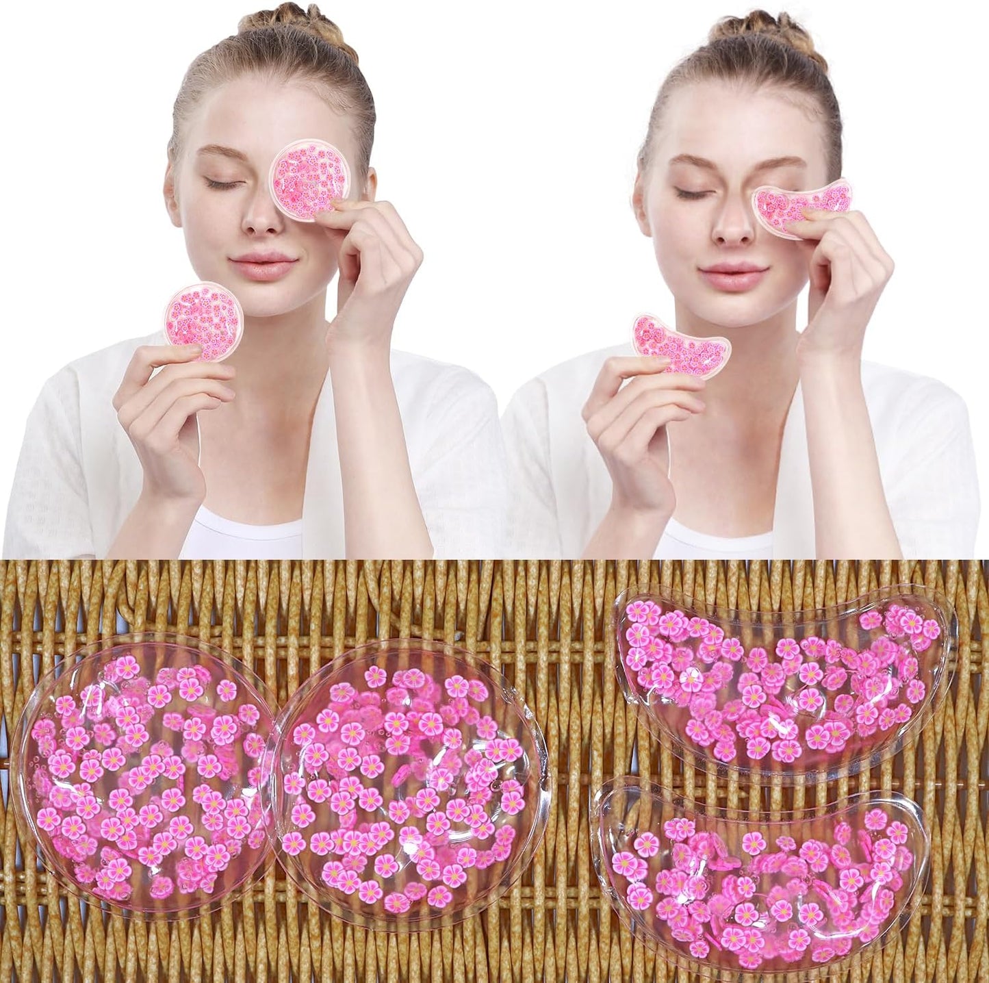 4PCS Gel Eye Ice Pack Set, Cold & Hot Compress, Reusable Cooling Gel Pads for Strain Relief, Relaxation, SPA and Sleep (4 Pink Flowers)