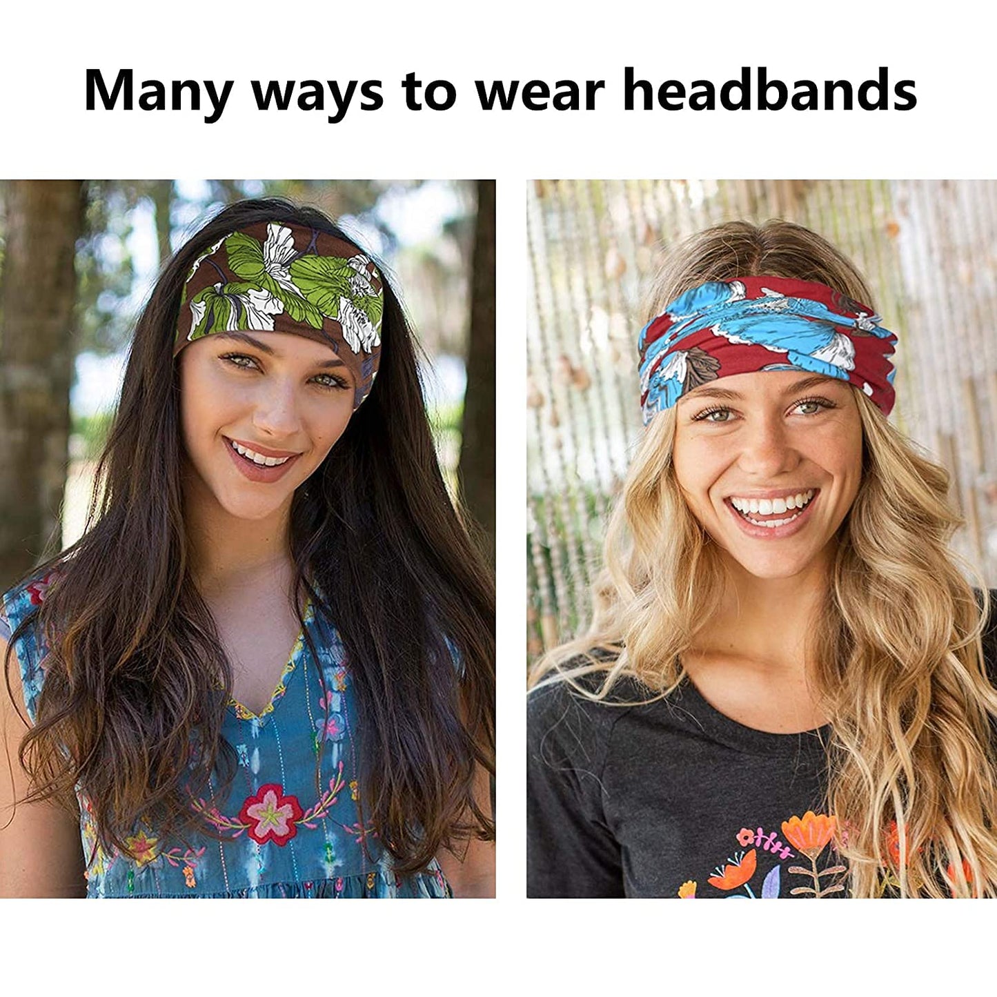 Yeshan Boho Bandeau headbands for Women Wide Bandana Knot Hair Scarf Floral Printed African Hair Bands Elastic Turban Thick Head Wraps Stretch Cotton Head Bands,Pack of 6