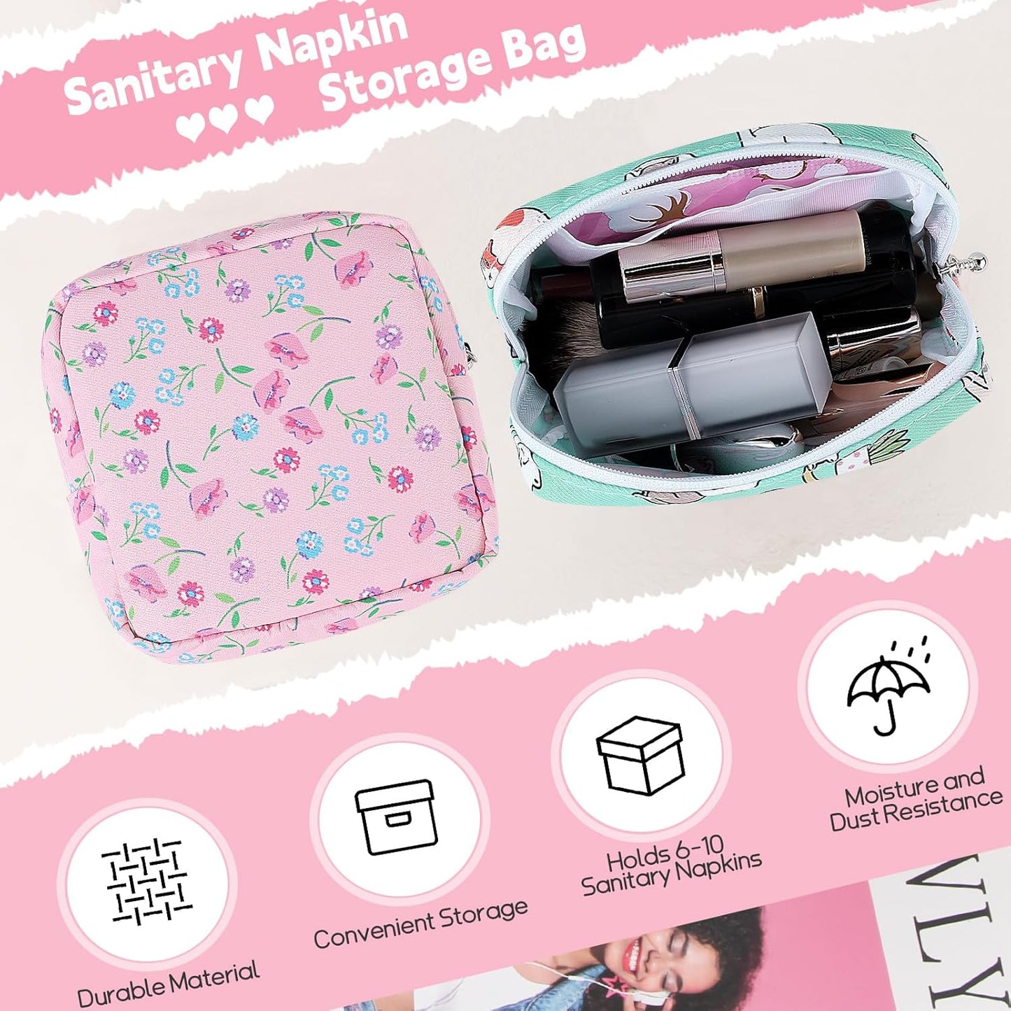 Desing Wish Period Bag Pouch Soft Cloth Sanitary Napkin Storage Bag Portable Menstrual Pad Pouches Tampon Holder for Purse First Period Kit for Girls 9-12 (Floral)