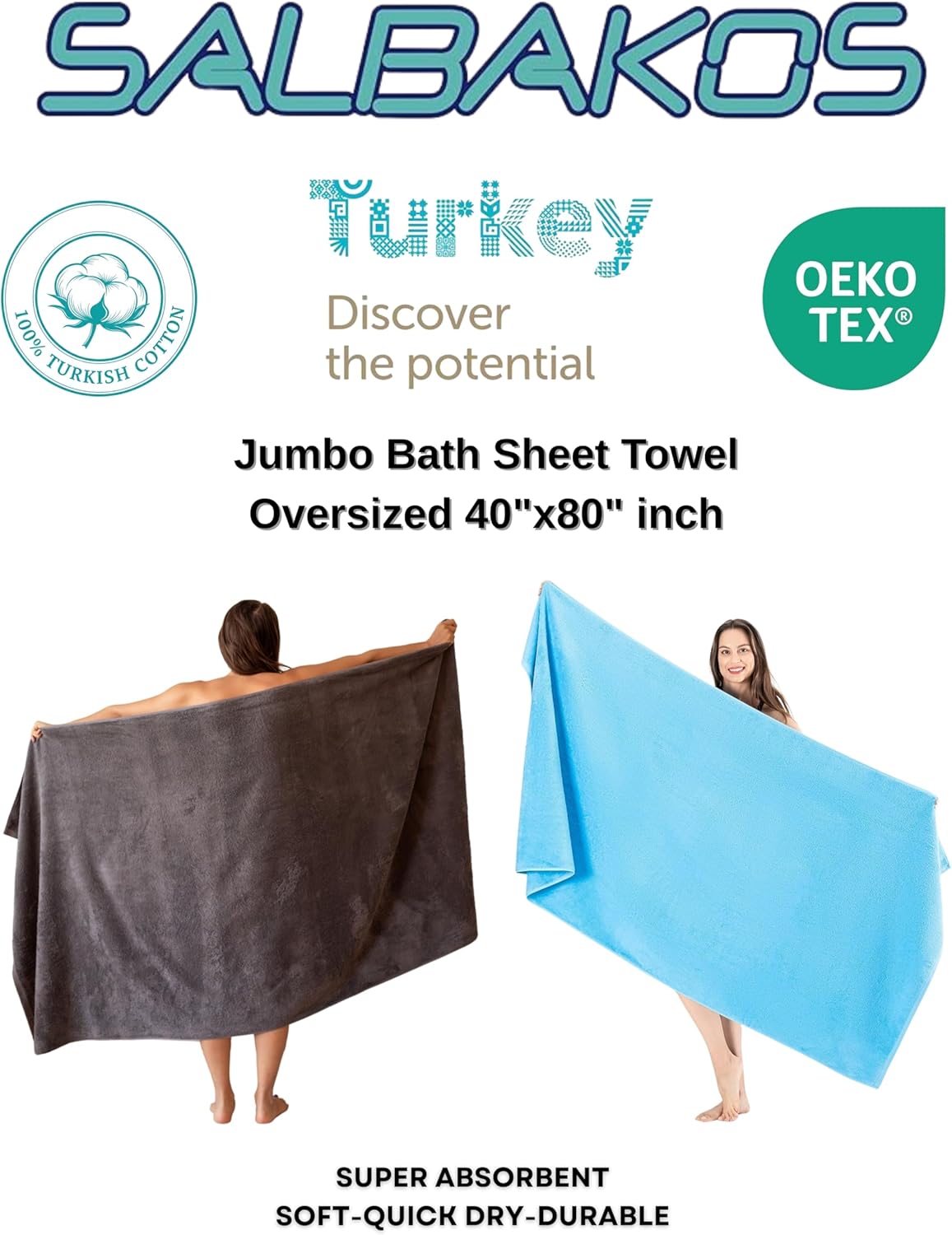 SALBAKOS 100% Turkish Cotton Jumbo Bath Sheet Towel Oversized 40x80 inch | Premium Hotel & Spa Quality, Soft, Absorbent, XL Bath Towels | Made in Turkey (Pack of 1, Blue, Jumbo Bath Sheet)
