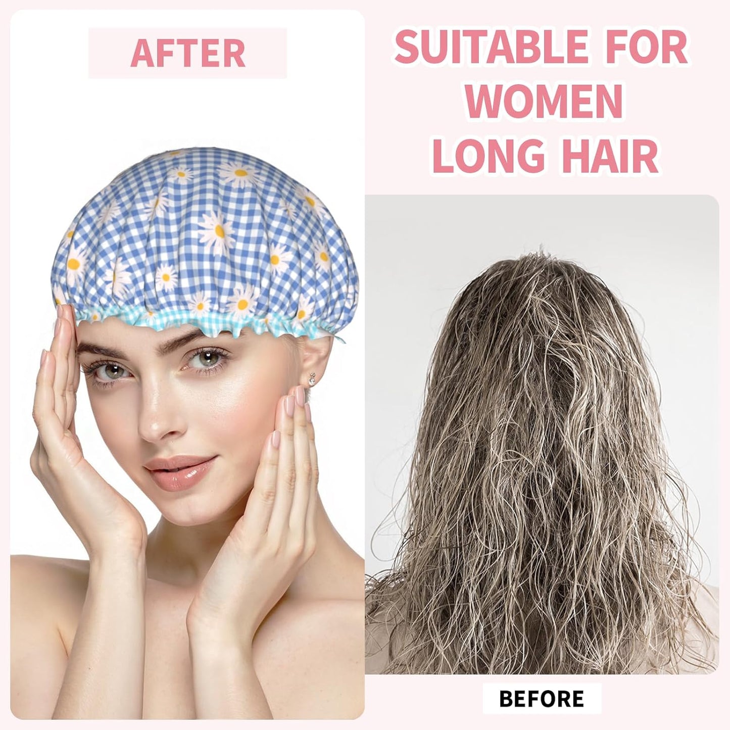 Blue Checkered Shower Caps for Women Daisy Flower Double Waterproof Layers Bath Hat Elastic Reusable Hair Cap for Shower Cooking Clean Makeup