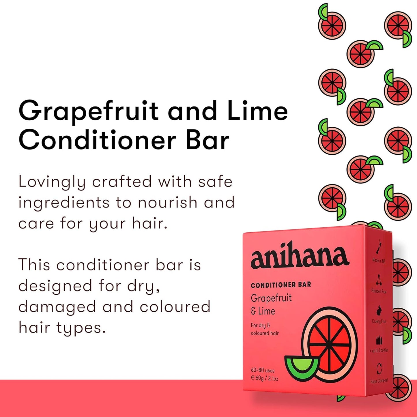 ANIHANA Conditioner Bar for Dry Damaged Safe For Color Treated Hair Moisturizing Hydrating Healthy Looking Hair Paraben Free Grapefruit and Lime 2.1 oz