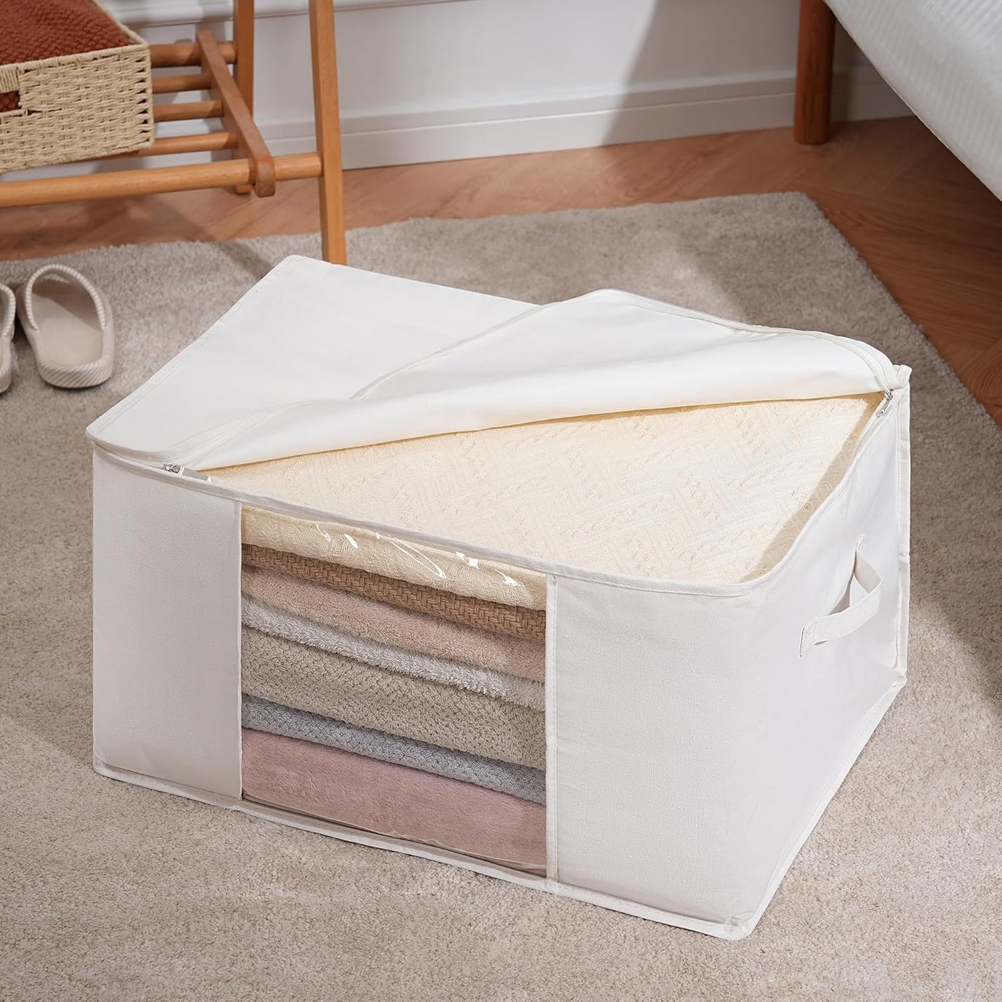 TYEERS Large Storage Bags with Zipper and Clear Window, Cotton Blended Fabric Storage Containers for Seasonal Clothes and Bedding, 23.6x15.7x13.8 Inches, 2-Pack, Beige