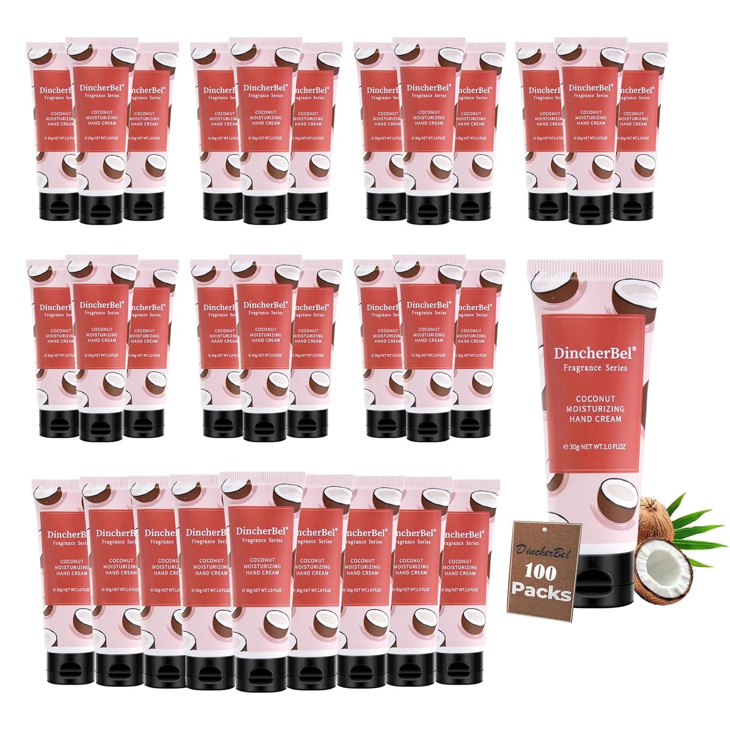 DincherBel 100 Pack Coconut Moisturizing Hand Cream Bulk - Travel Size Non-Greasy Hand Lotion Set for Dry Skin, Instant Hydrating Hand Care for Women, 1.0 oz/30 ml