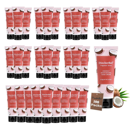 DincherBel 100 Pack Coconut Moisturizing Hand Cream Bulk - Travel Size Non-Greasy Hand Lotion Set for Dry Skin, Instant Hydrating Hand Care for Women, 1.0 oz/30 ml