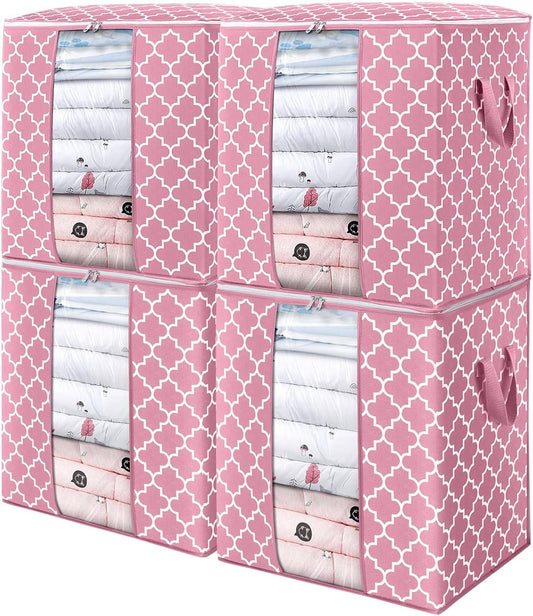WISELIFE Storage Bags 4 Pack/100L Large Blanket Clothes Organization and Storage Containers for Comforters,Bedding, Foldable Organizer with Reinforced Handle, Clear Window, Sturdy Zippers,Pink