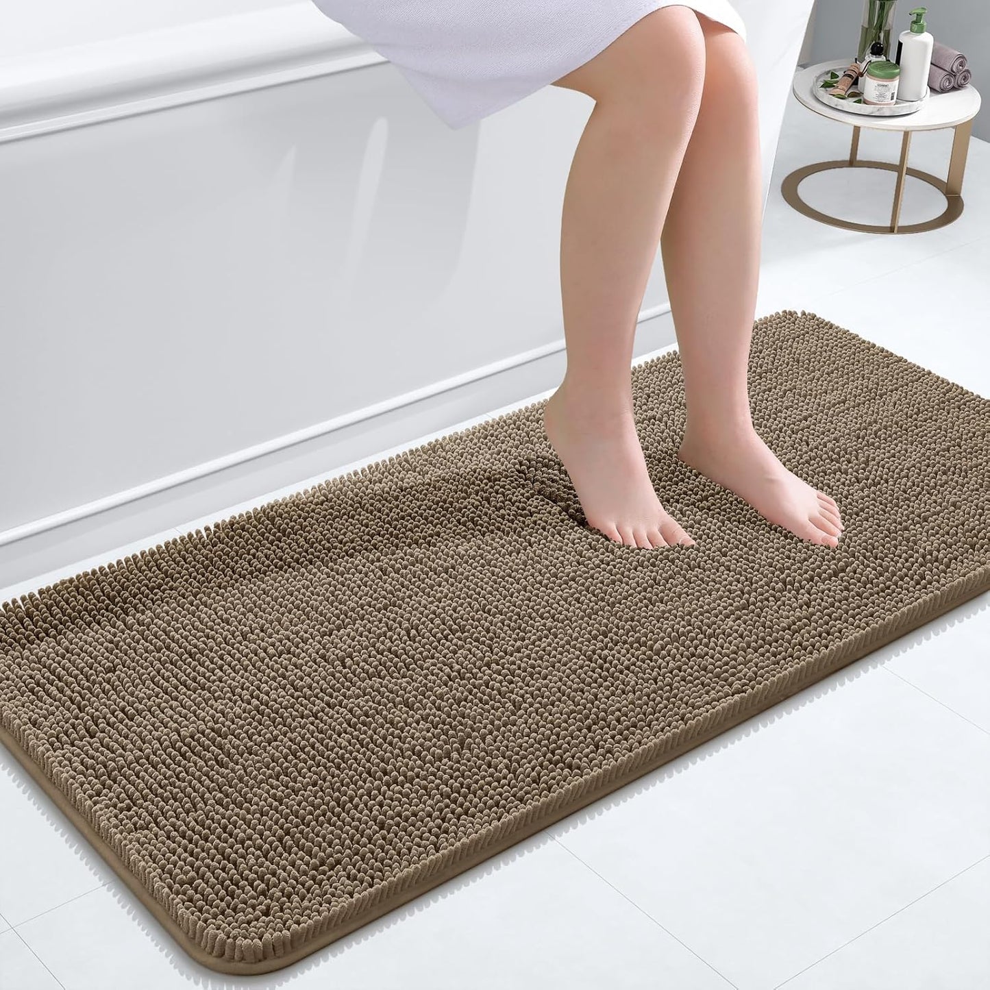 OLANLY Bathroom Rugs 47x20, Extra Soft Absorbent Chenille Bath Rugs, Rubber Backing Quick Dry, Machine Washable Bath Mats for Bathroom Floor, Tub and Shower, Home Decor Accessories, Tan