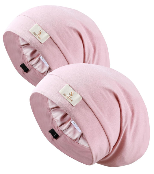 2pcs Silk Satin Bonnet Hair Wrap for Sleeping, Adjustable Strap Curly Natural Hair Night Caps for Women Men(Pink&Pink)
