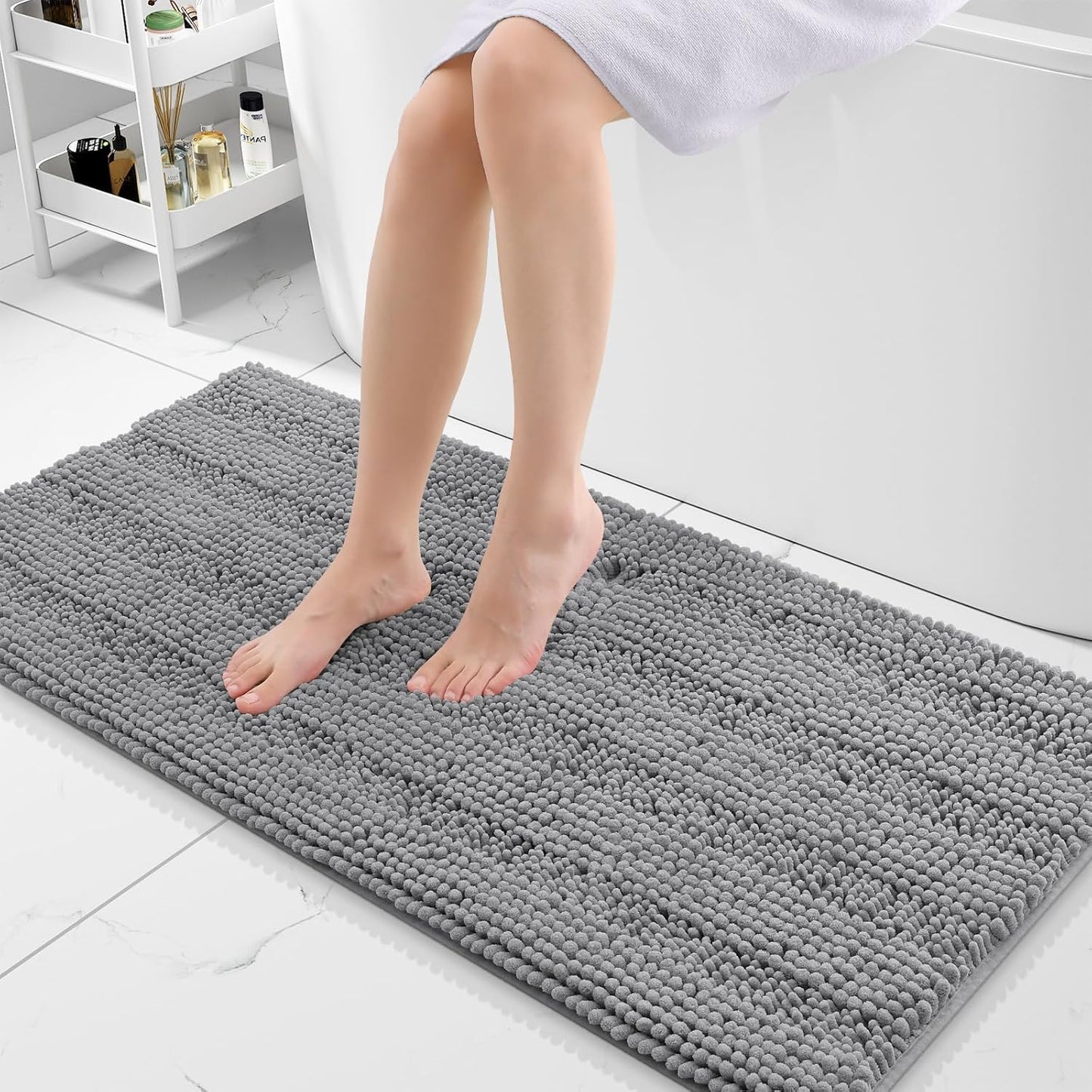 Grandaily Chenille Striped Bathroom Rugs 47x20, Extra Thick and Absorbent Bath Mats, Non-Slip Soft Plush Shaggy Shower Carpet, Machine Wash Dry, Bath Rug for Bathroom, Dark Gray