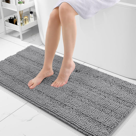 Grandaily Chenille Striped Bathroom Rugs 47x20, Extra Thick and Absorbent Bath Mats, Non-Slip Soft Plush Shaggy Shower Carpet, Machine Wash Dry, Bath Rug for Bathroom, Dark Gray