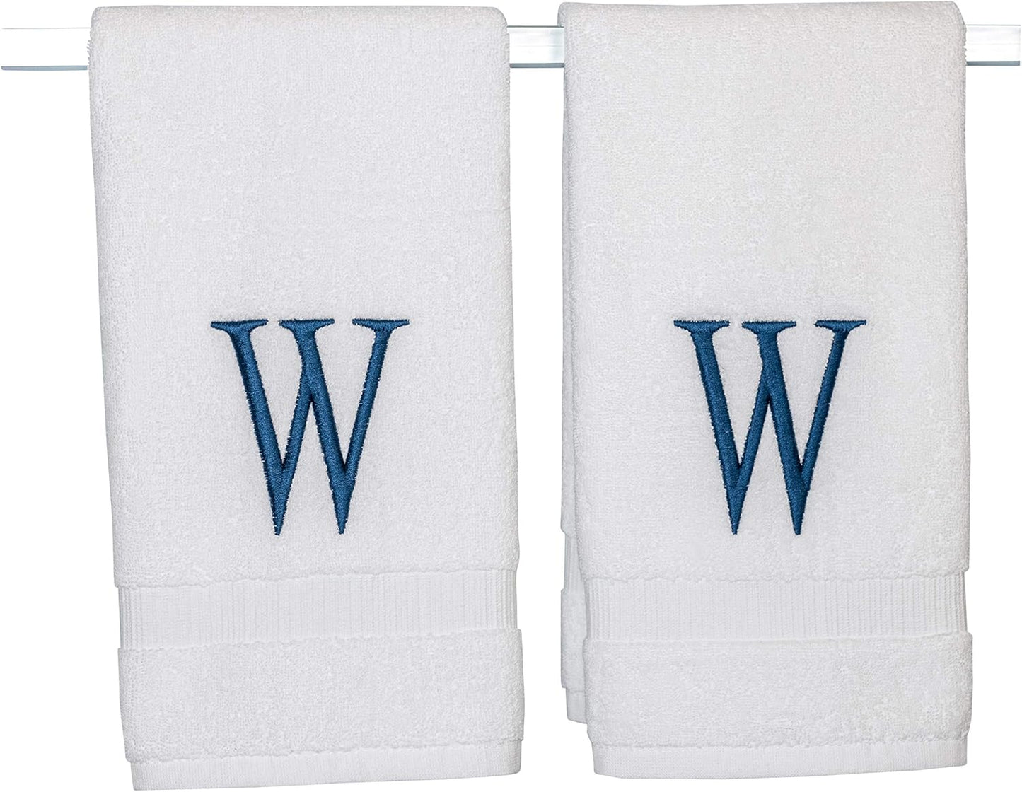 Monogrammed Hand Towels for Bathroom - Luxury Hotel Quality Personalized Initial Decorative Embroidered Bath Towel for Powder Room, Spa - GOTS Organic Certified - Set of 2 Navy Letter W