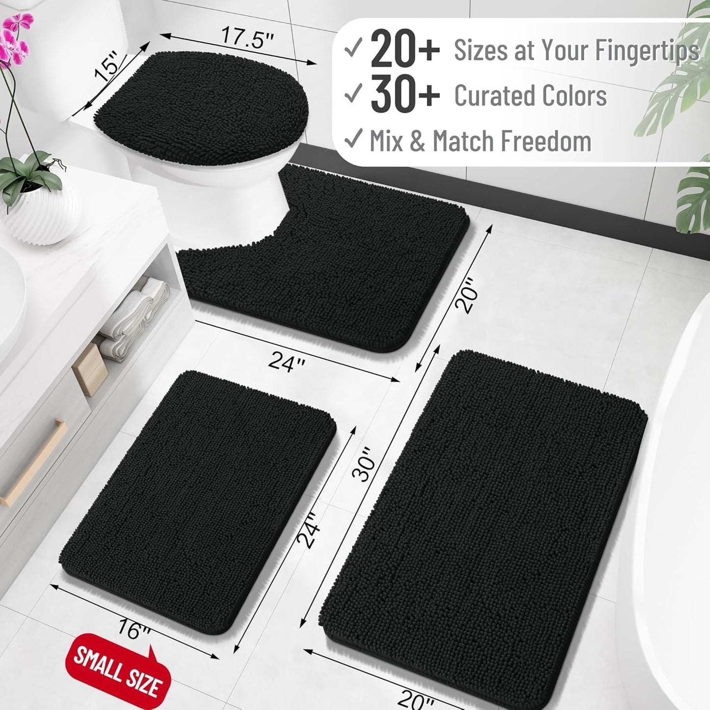 OLANLY Toilet Rugs U-Shaped 20x20, Extra Soft Absorbent Chenille Contour Bathroom Rugs for Toilet, Dry Quickly, Machine Washable, Non-Slip Bath Mat, Black