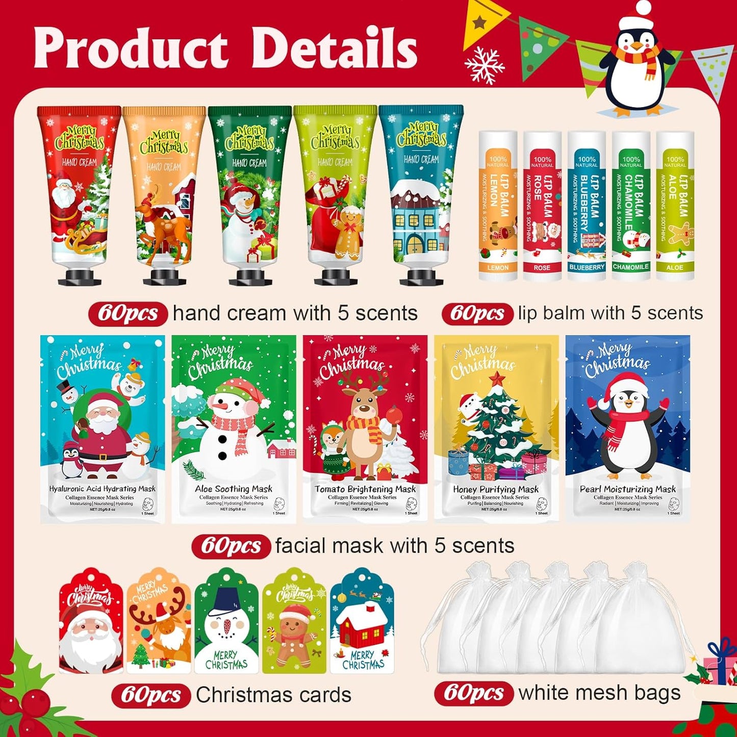 60 Pack Christmas Hand Cream, Facial Mask and Lip Balm Set, Christmas Stocking Stuffers for Women, Bulk Christmas Gifts for Coworkers, Christmas Party Supplies, Party Favors and Christmas Decorations