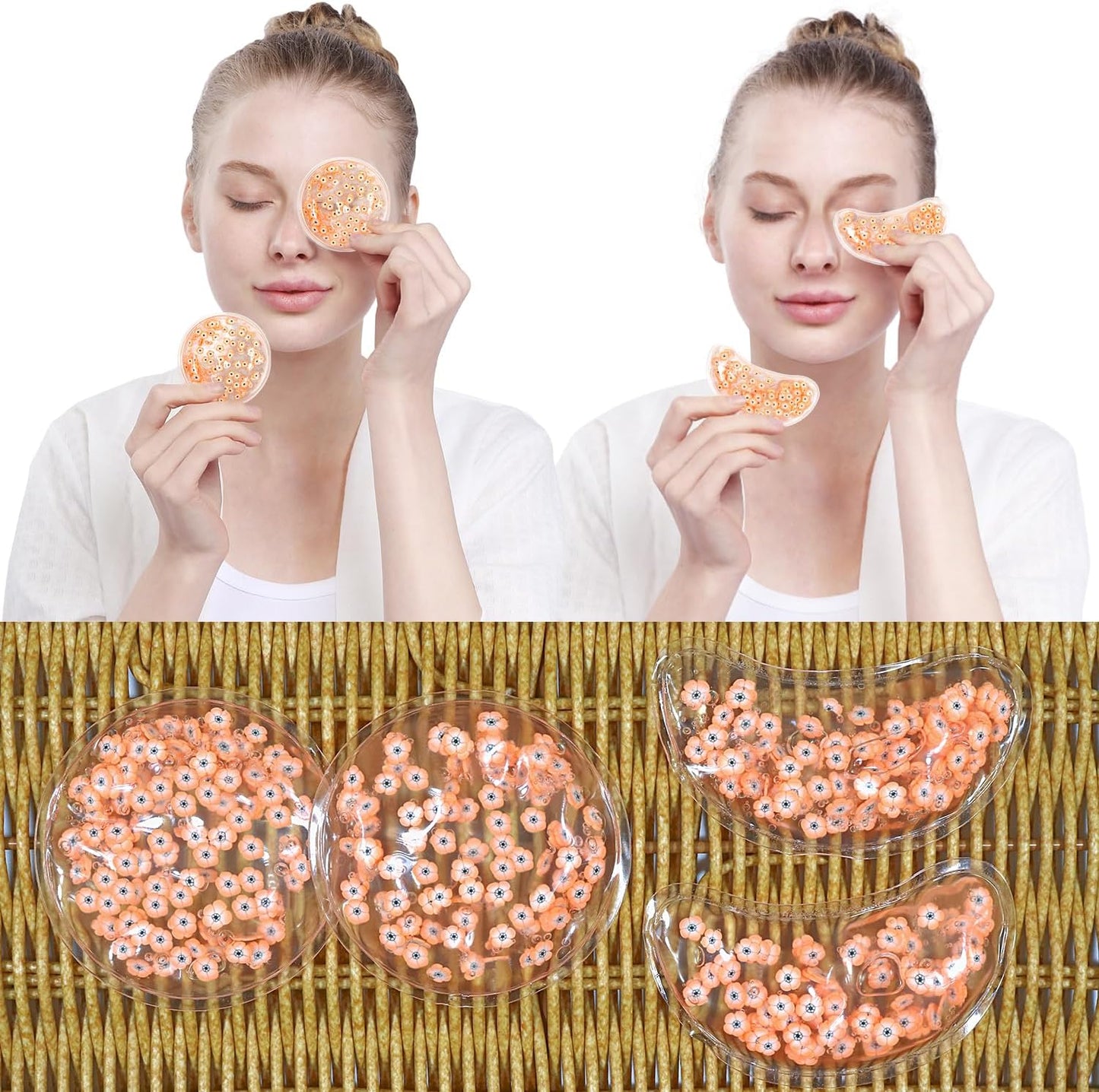 4PCS Gel Eye Ice Pack Set, Cold & Hot Compress, Reusable Cooling Gel Pads for Strain Relief, Relaxation, SPA and Sleep (4 Orange Flowers)