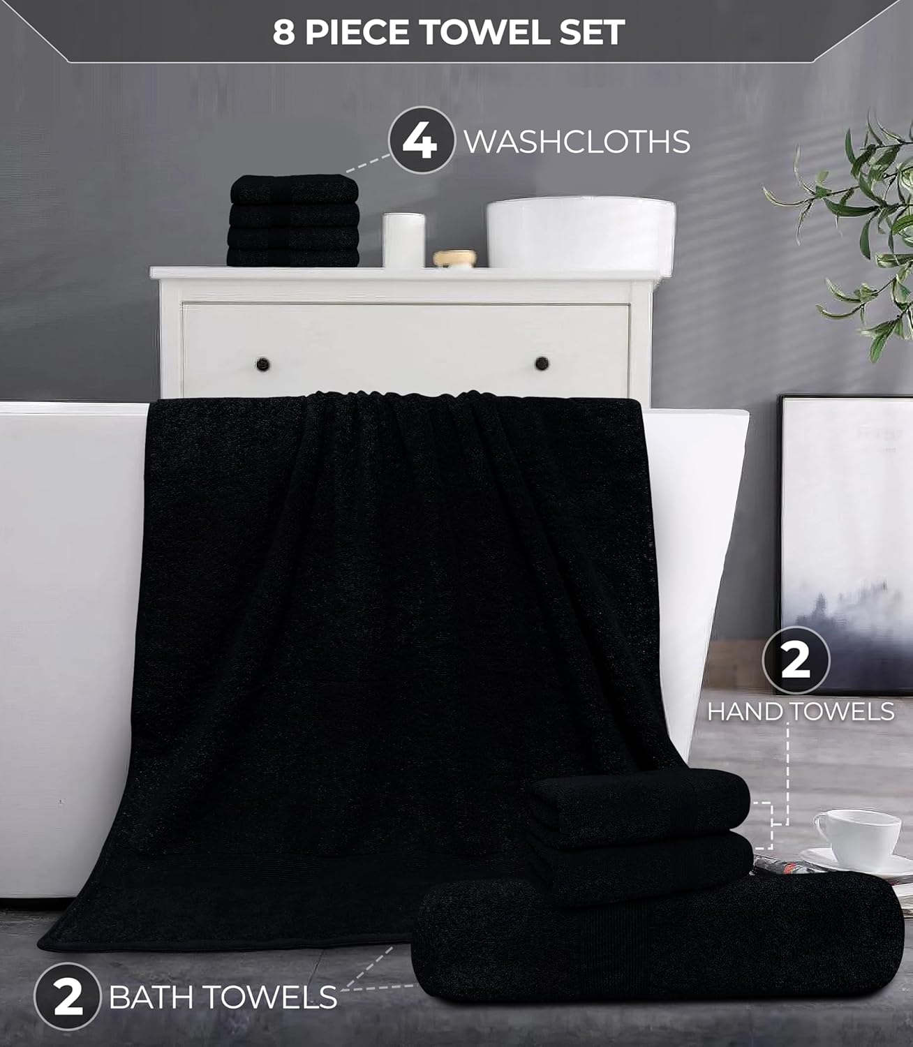 Luxury 8 Piece Towel Set, 2 Bath Towels 2 Hand Towels 4 Washcloths, Towels for Bathroom, Home, Spa & Gym - Highly Absorbent Ultra Soft Quick-Dry (Black)