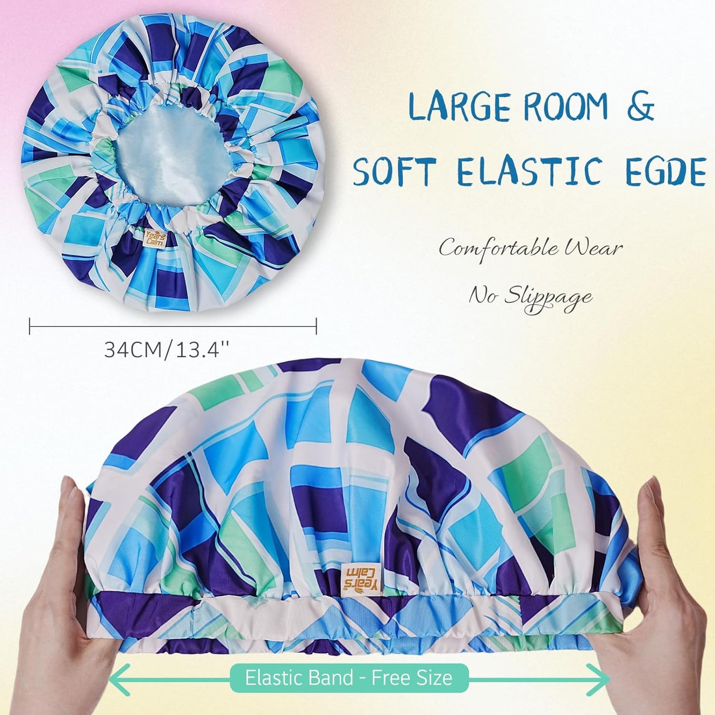 Years Calm Shower Caps for Women Reusable Waterproof, Double-Layer Extra Large Elastic Hair Cap for Shower for Long Hair & Braids, Travel & Home (Colorful)