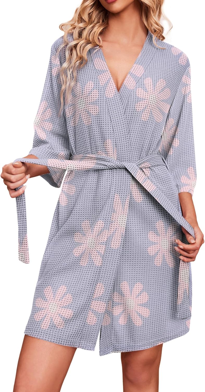 Ekouaer Robes for Women Waffle Knit Bathrobe Soft Lightweight Knee Length Loungewear S-XXL