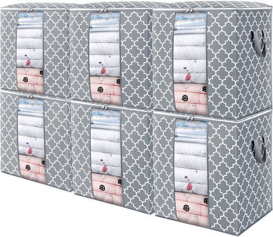 WISELIFE Storage Bags 6 Pack/100L Large Blanket Clothes Organization and Storage Containers for Comforters,Bedding, Foldable Organizer with Reinforced Handle, Clear Window, Sturdy Zippers,Light Gray