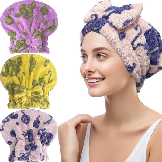 Jseng 3Packs Microfiber Hair Towel for Women - Quick-Drying, Super Absorbent Hair Wrap with Bow Design, Soft Hair Towel Turban for Curly Long Wet Hair
