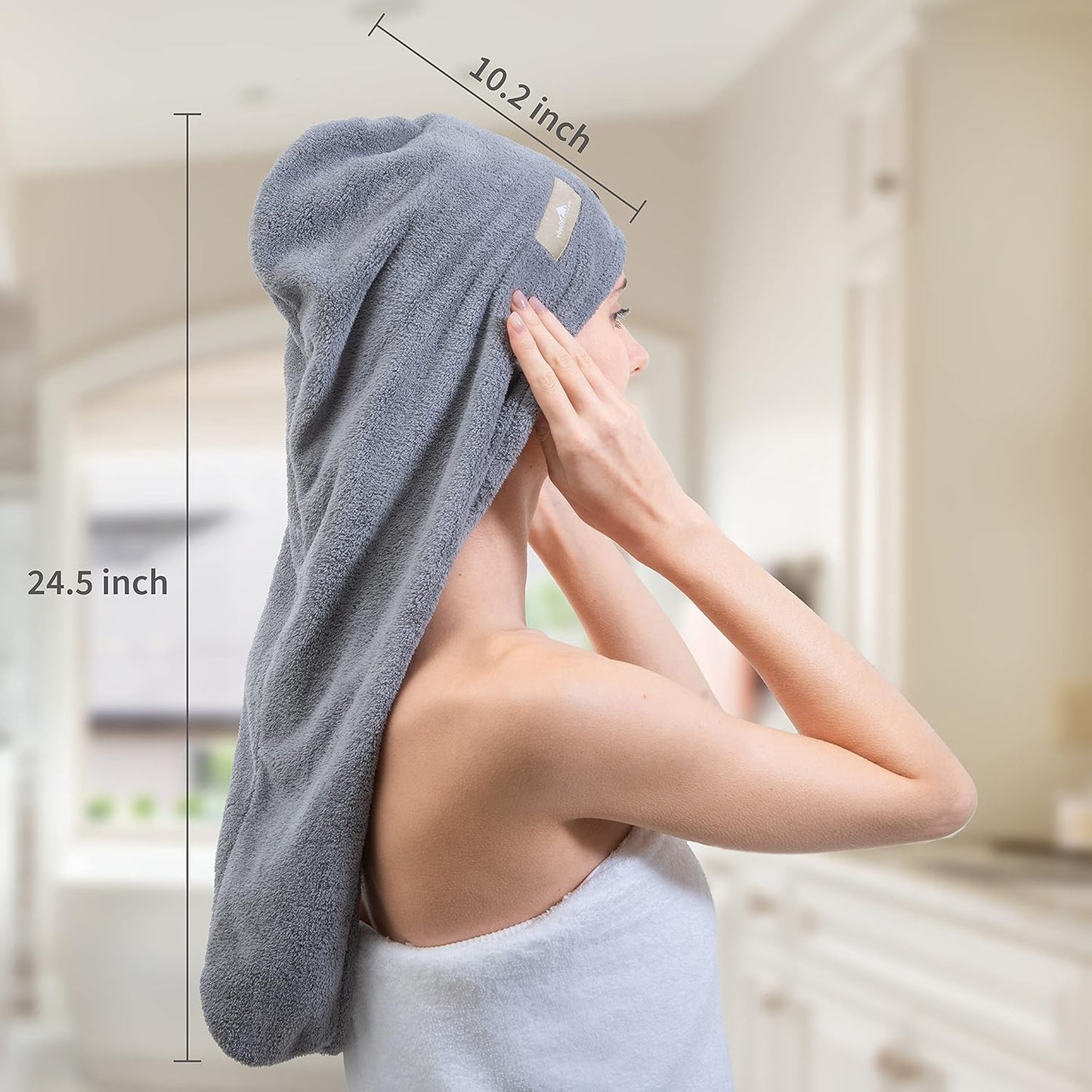 myHomeBody Hair Towel Wrap, Luxury Quick Drying Turban, Ultra Soft Absorbent Cap, with Coconut Shell Button – Light Gray, Pink, White, 3 Pack