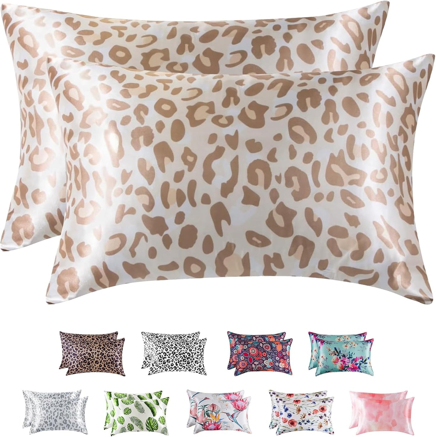 MR&HM Satin Pillowcase for Hair and Skin, Silk Satin Pillowcase 2 Pack, King Size Pillow Cases Set of 2, Silky Pillow Cover with Envelope Closure (20x36, Champagne Leopard)