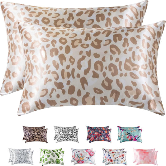 MR&HM Satin Pillowcase for Hair and Skin, Silk Satin Pillowcase 2 Pack, Standard Size Pillow Cases Set of 2, Silky Pillow Cover with Envelope Closure (20x26, Champagne Leopard)